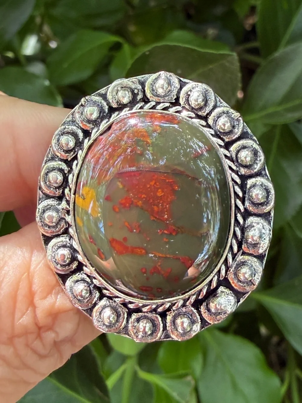 VINTAGE HUGE OVERSIZED OVAL BLOODSTONE JASPER STATEMENT RING 925 STERLING SILVER